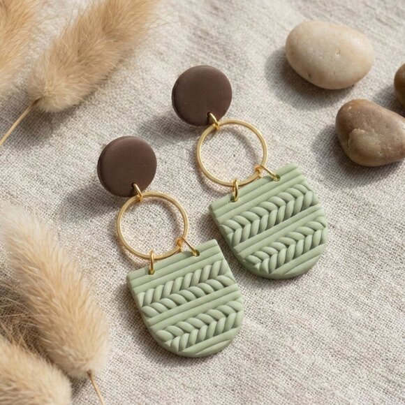 Sage Green Polymer Clay Wood Dangle Earrings Gold Plated Sterling Silver Posts - Picture 13 of 17